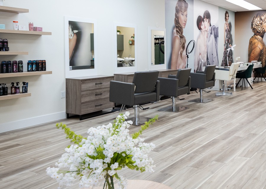 Salon chairs, mirror stations and fresh florals at Babelle Salon & Spa